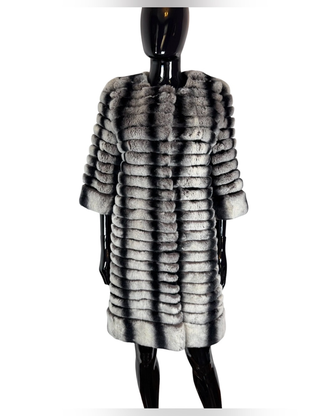 Luxurious Silver Gray Horizontal-Strip Rex rabbit Fur Coat